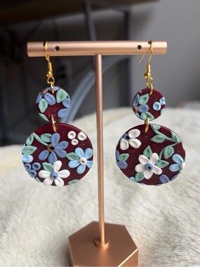 Handcrafted Floral Burgundy Dangle Earrings with Pastel Accents